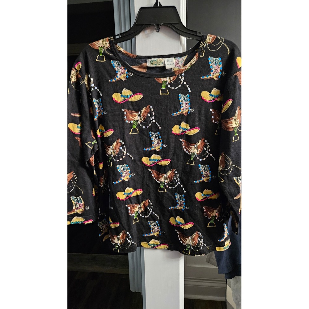 Girlhoodcore Womens Western Sequin Graphic Top Black Cotton Cowboy Boots L